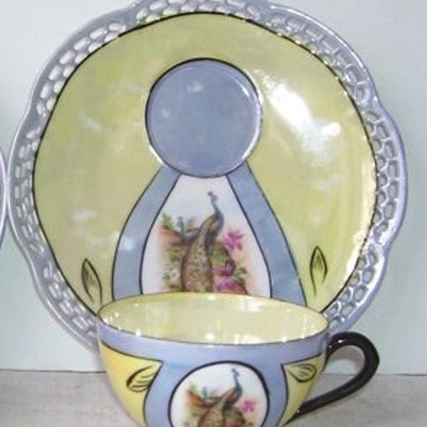 1 German Tea Cup  and Matching  Saucer Rudolf Wachter Bavaria Germany  , Teacup Peacock Bird, Reticulated Edge, Blue and Yellow Luster