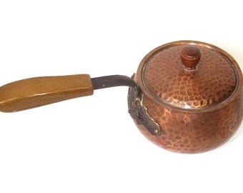 Antique Hand Forged Hammered Copper Pan with Wood Handle and Lid