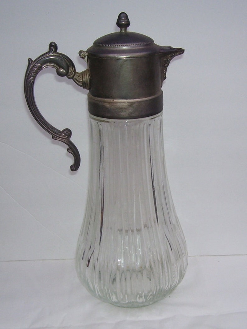 Antique Glass Water Or Ice Tea Pitcher With Silverplated Top Image 0