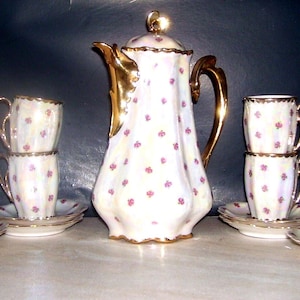 Beautiful Gold Trim Tea Pot with Six Cups and Saucers/ Kay B. Artist Studio/ Mid Century/ Gift