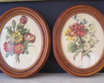 Pair Vintage Floral Oval Framed Prints / Giroflee Rouge/ Matching Wood Frames, Art Deco Prints