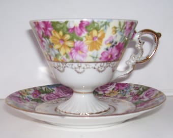 Chintz Flowers Porcelain Tea Cup and Saucer - Colorful Flowers - Gold Trim -