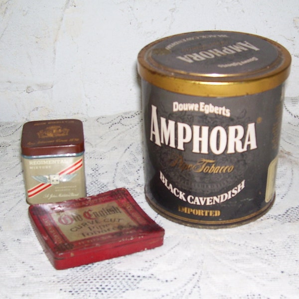 3 Vintage Tobacco Tins, Amphora Tin, Old English Curve Cut Pipe Tobacco, John Middleton