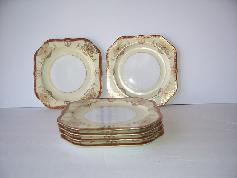 Noritake Square Plates, Gold Trimmed 6 Noritake Dominant Hand Painted Morimura Bros Salad or Dessert Plates