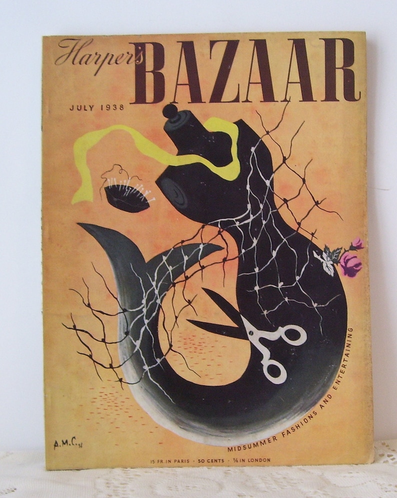 May include: A vintage magazine cover for Harper's Bazaar, July 1938, featuring an abstract illustration of a fish with a yellow ribbon and scissors. The text "MIDSUMMER FASHIONS AND ENTERTAINING" is printed on the cover.