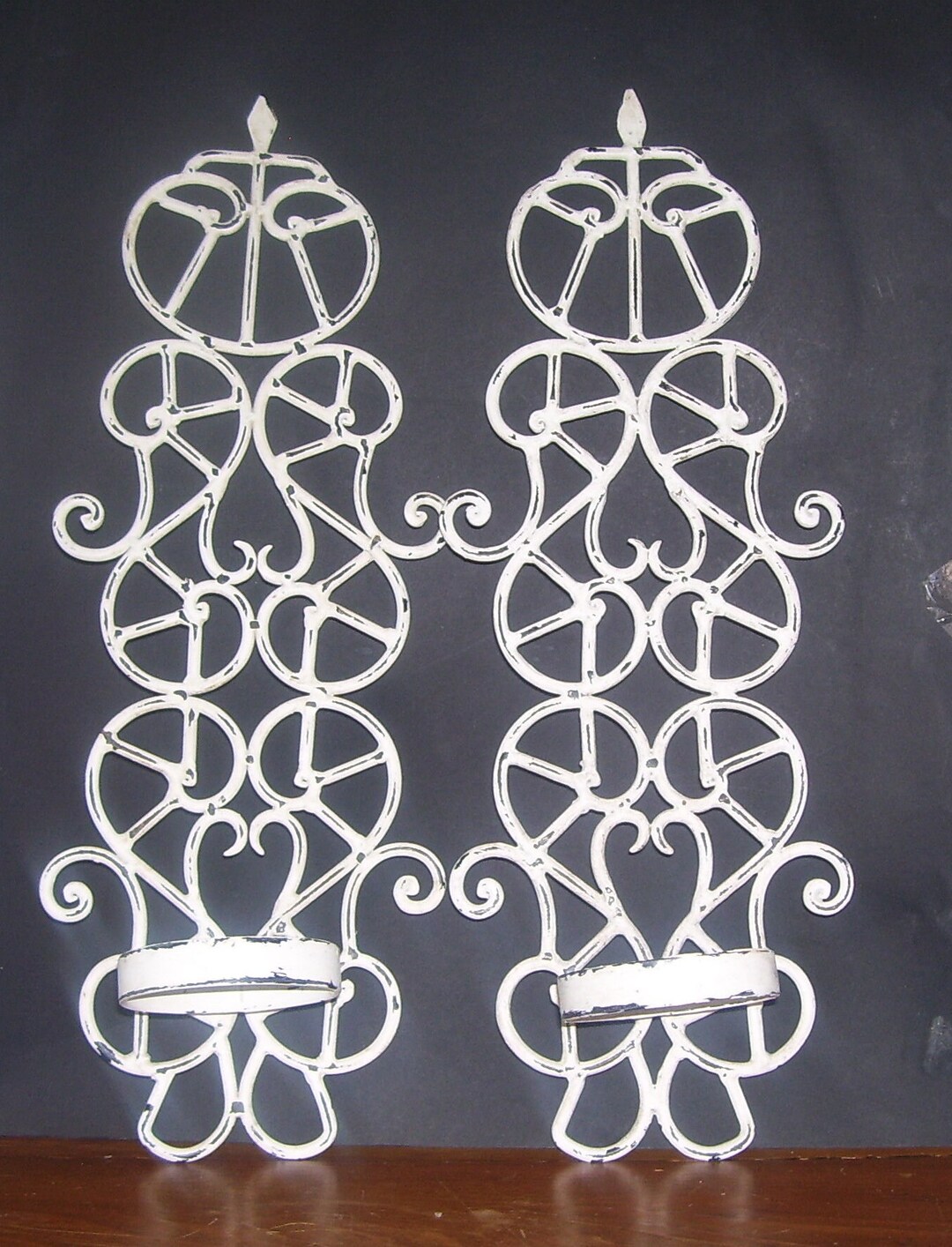 Pair White Cast Iron Wall Sculptures Hanging Wall Candle Holders