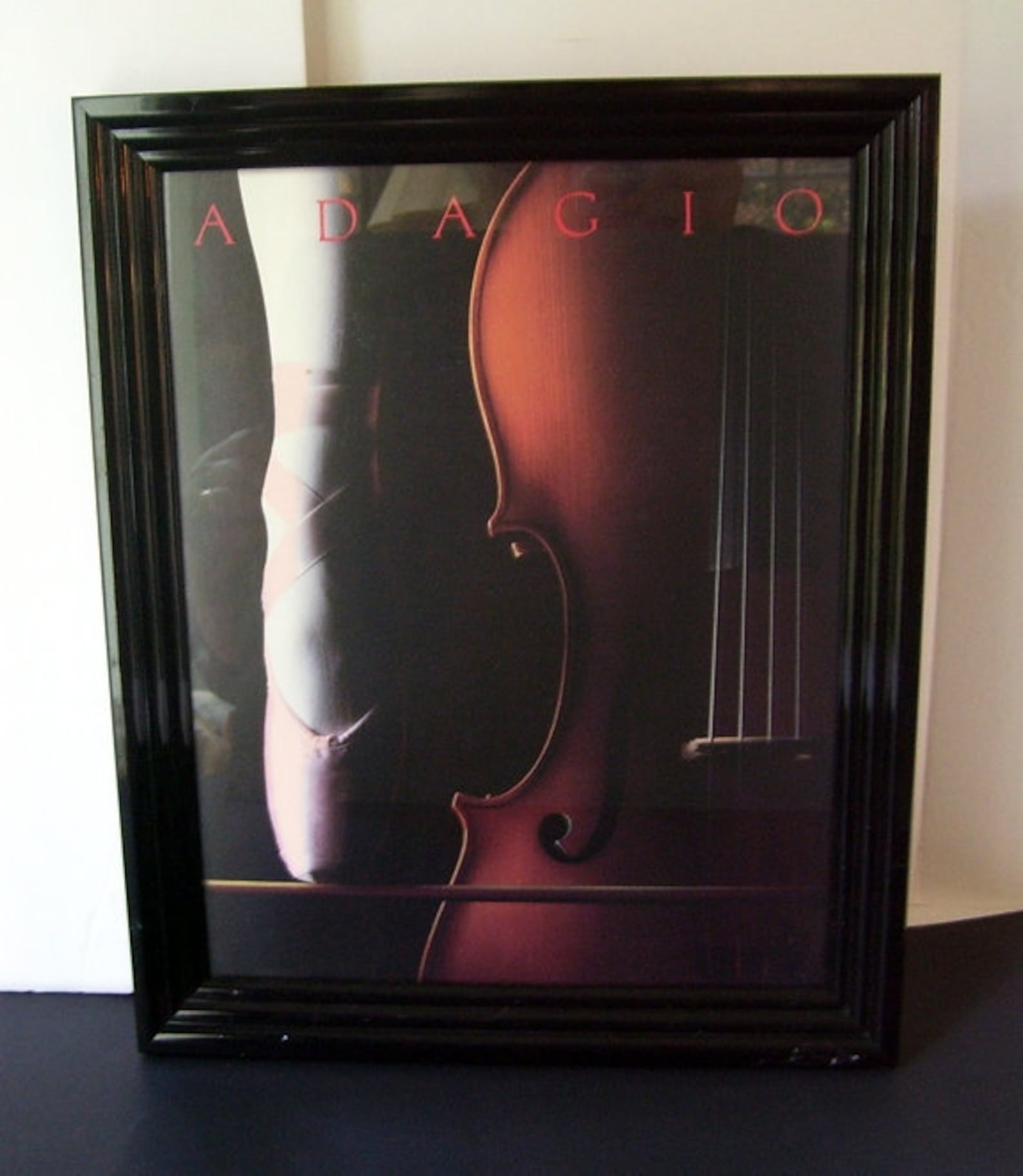 adagio ballerina with violin framed photo print, pink ballet shoes, framed wall decor, musical theme