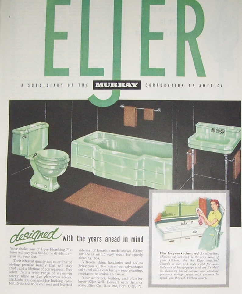 Vintage 1954 Eljer Bathroom Tub Sink And Toilet Ad Magazine Print Page Wall Decor Wall Pin Up Scrapbooking Display Ad Vanity Display