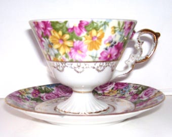 Chintz Flowers Porcelain Tea Cup and Saucer - Colorful Flowers - Gold Trim -