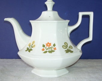Johnson Brothers English China Teapot, English Tea Pot, Folk Art Flowers Design, White Ceramic Teapot, Colorful Floral Design