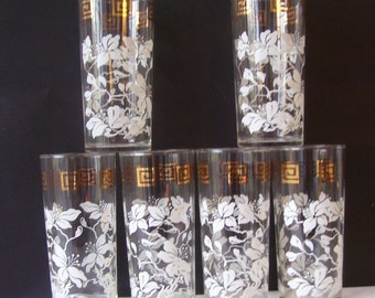 Anchor Hocking 6 Greek Key White Hisbiscus Glass Tumblers - 8 Oz Drinking Glasses - Fancy Party Glasses