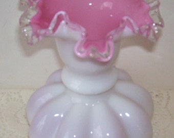 Tall Fenton White and Pink Silver Crest Melon Vase- Ruffled Crestline Top Edge- 8 Inches Tall