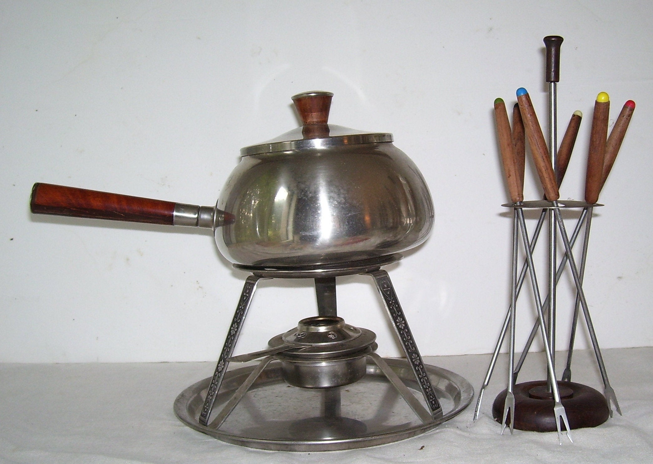 Fondue Set Stainless Steel with 6 Wood Handle Skewers Sterno Etsy