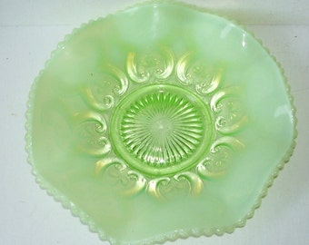 Antique Northwood Opalescent Green Glass Bowl, Cashews Pattern