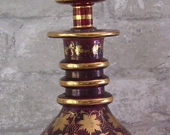 Gorgeous Czech Bohemian Cranberry Gilded Gold Wine Decanter Tall Stopper/ Pontil/ Art Studio