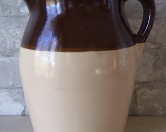 Large Two Tone Brown Stoneware Pitcher/ Antique Pitcher / Country Kitchen/