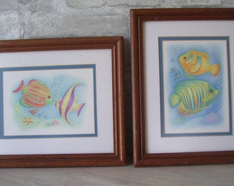 Pair Hand Painted Fish Matted and Framed/ Lake Cottage/Swimming Fish/ Sportsman/ Artist/ Art Studio/Gift