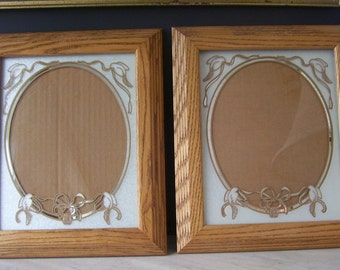 Pair Vintage Blonde Oak Picture Frame Etched Glass/ Doves/ Wedding Frames/ Home Decor, Retro Wood