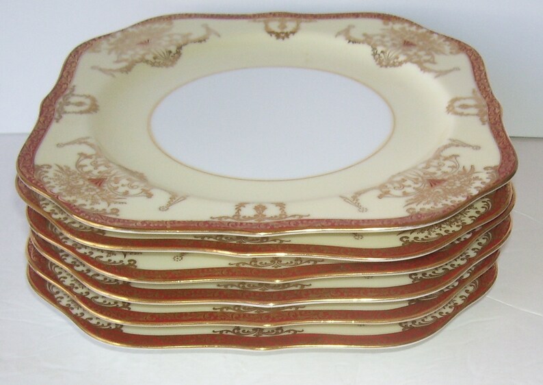 Noritake Square Plates, Gold Trimmed 6 Noritake Dominant Hand Painted Morimura Bros Salad or Dessert Plates