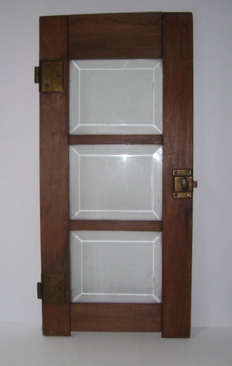Antique Beveled Glass Wood Cabinet Door Panel Original Hinges And Lock Rustic Farm House