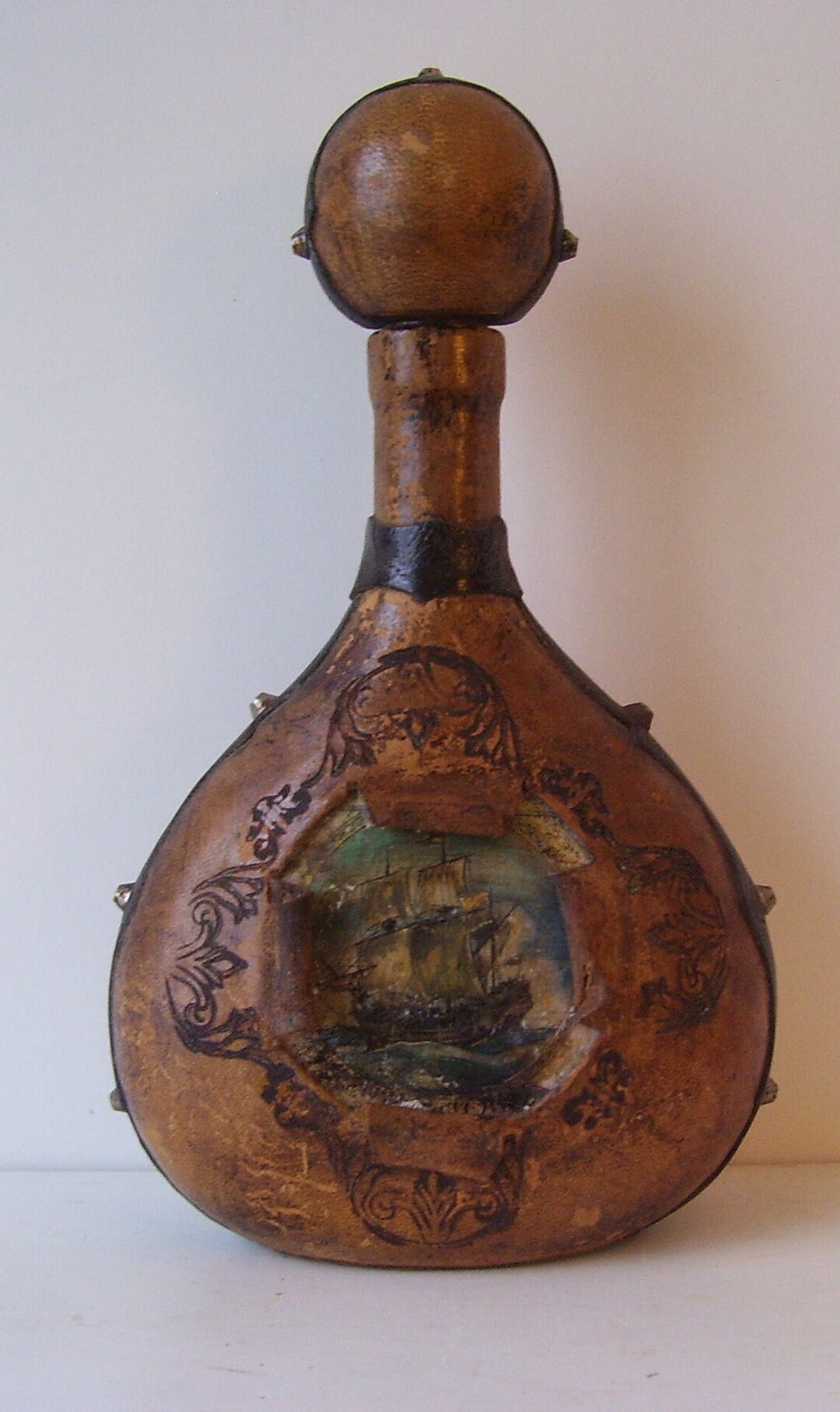 Italian Leather Wine Decanter Sailing Ships Hand Painted on the Front