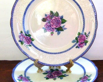 Copeland Spode 4 Dinner Porcelain Plates - England - Pink Flowers - Blue and White plates