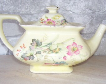 Vintage Square Teapot Lido W.S. George Canarytone, Made In U.S.A . Platinum Trim, Flowers,
