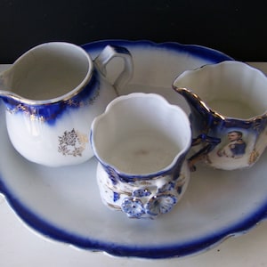 H.R. Wyllie Flow Blue Platter 2 Flow Blue Pitchers and One Flow Blue Cup - Antique Flow Blue Kitchen, Country Decor