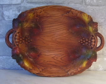 Vintage Brown Carved Wood Serving Tray With Handles /Grapes and Leaves / Unique Pattern/ Centerpiece/ Gift