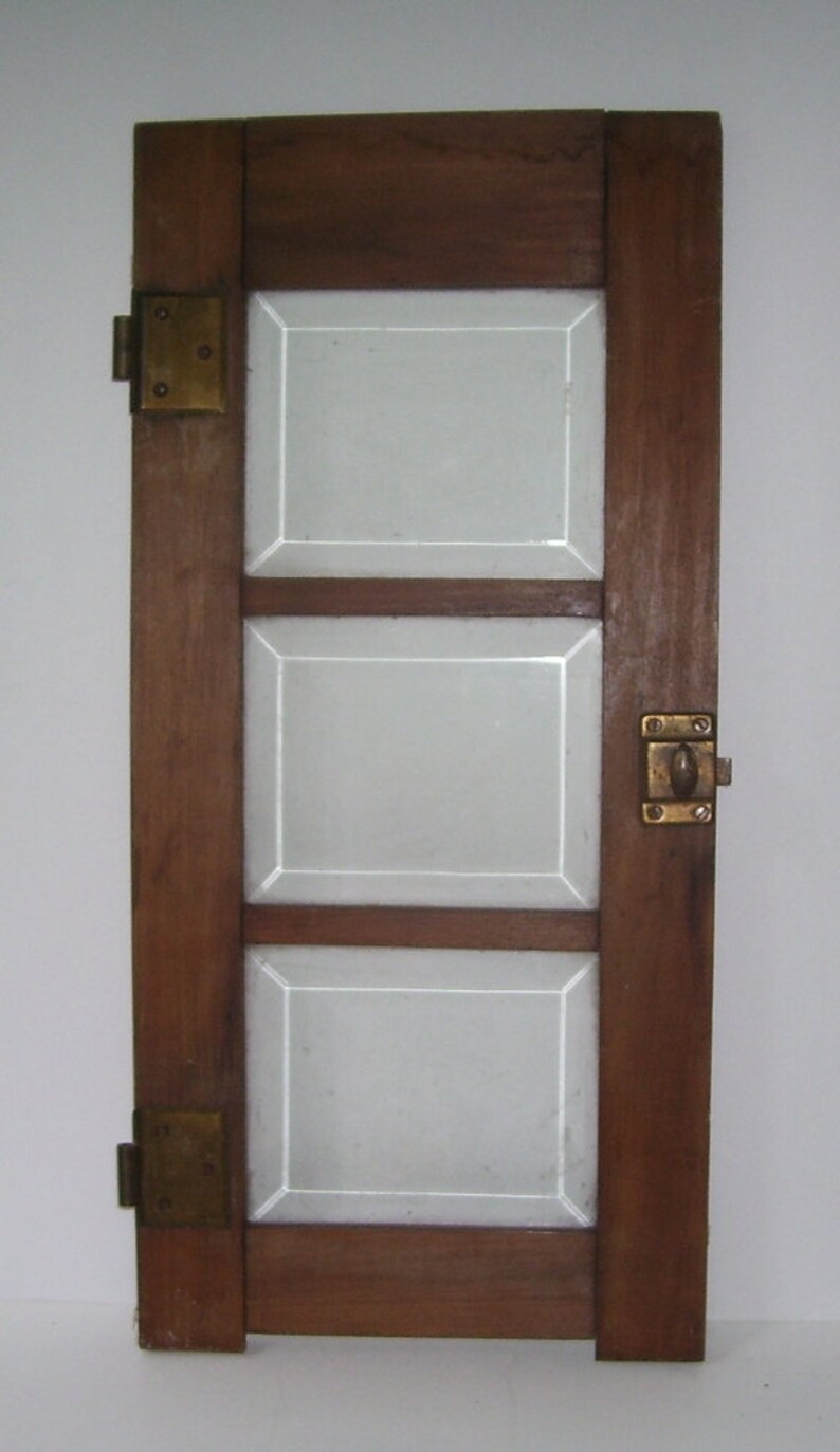 Antique Beveled Glass Wood Cabinet Door Panel Original Hinges And Lock Rustic Farm House