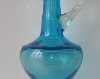 Vintage Hand Blue Glass Decanter Clear Tear Drop Glass Stopper/  Artist Studio /Clear Glass Handle/ Pontil