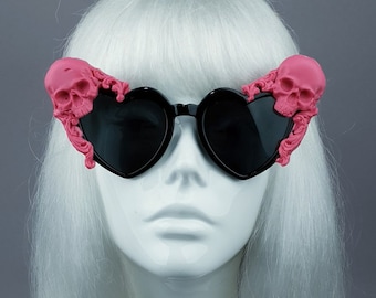 Pink Skull Black Heart Shaped Sunglasses, Drag queen, Gothic Lolita, Statement Bride Goth Accessories, Alt Fashion, Quirky Customised Kawaii