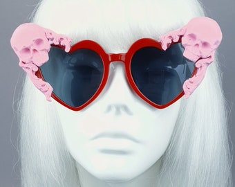 Pink Skull Red Heart Shaped Sunglasses, Drag queen, Gothic Lolita, Statement, Bride, Goth Accessories, Alt Fashion, Quirky Customised Kawaii