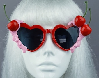 Cherry Pink Frosting Red Heart Shaped Sunglasses, Gothic Lolita, Customised, Statement, Cake, Cherries, Icing, Drag Queen, Burlesque, Cute