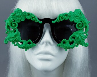 Black & Green Filigree and Cherub Baroque Sunglasses, Rococo Angel, Statement Goth Gothic Lolita, Sexy, Customised, Alt Fashion, Accessories