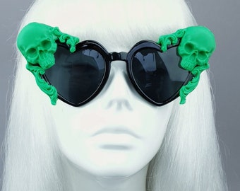 Green Skull Black Heart Shaped Sunglasses, Statement Goth Bride, Vampire, Gothic Lolita, Sexy, Customised, Alt Fashion, Accessories, Rococo