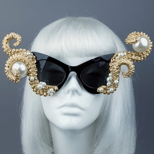 Ursula Gold & Pearl Octopus Kraken Tentacle Sunglasses, OTT, Baroque, Rococo, Gothic, Goth Bride, Drag Queen, Statement, Glam Fabulous Crazy