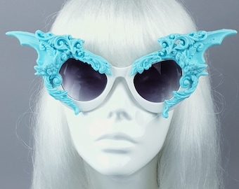 Pastel Blue Filigree Ornate Bat Wing & Cherub White Sunglasses, Rococo, Baroque, Gothic Lolita, Statement, Vampire, Drag Queen, Customised