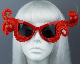 Ursula Red Octopus Kraken Tentacle & Cherry Sunglasses, OTT, Baroque, Rococo, Gothic, Goth Bride, Drag Queen, Statement, Glam Fabulous Crazy