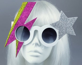 Pink Green Silver Glitter Bowie Stripe Sunglasses, Glam Rock, 70's, 80's, Star, Rockstar, Music, Fan, Statement, Crazy Fun, Drag Queen, Cute