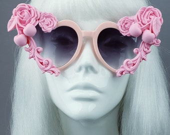 Pastel Pink Heart Shaped Sunglasses, Filigree, Cherry, cherries, Frosting, Icing, Roses, Marie Antoinette, Drag Queen, Cake, Wedding, Bride