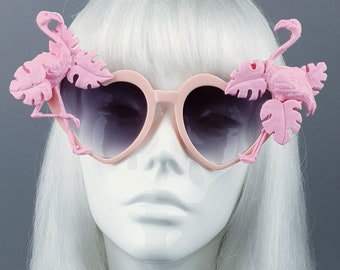 Pink Flamingo & Leaf Heart Shaped Sunglasses, Bird, Tropical, Customised, Drag Queen, Gothic Lolita, Eyewear, OTT, Quirky, Statement, Bride