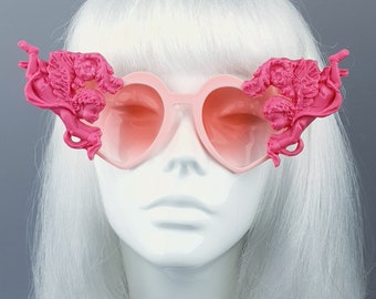 Pink Cherub & Filigree Heart Shaped Sunglasses, Baroque, Rococo, Drag Queen, Gothic Lolita, Bride, Statement Accessories, Unusual, Unique UK