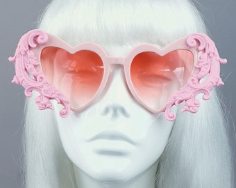 Pink Filigree Heart Shaped Sunglasses, Gothic Lolita, Goth, Baroque, Rococo, Statement, Quirky Eyewear, Pastel, Kawaii, Wedding, Bride, UK