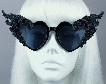 Black Filigree Heart Shaped Sunglasses, Baroque, Statement, Rococo, Drag Queen, Goth Bride, Gothic, Fashion, Accessories, Wedding, Valentine