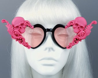 Pink Skull & Filigree Heart Shaped Sunglasses, Drag queen, Gothic Lolita, Statement, Bride, Goth Accessories, Alt Fashion, Quirky Customised