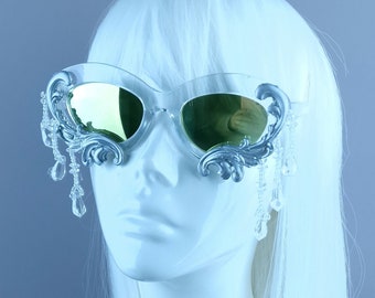 Silver Filigree Ornate Sunglasses Beading, Eccentric, Quirky, Rococo, Baroque, Statement, OTT, Large, Customised Gothic Lolita, Goth Wedding