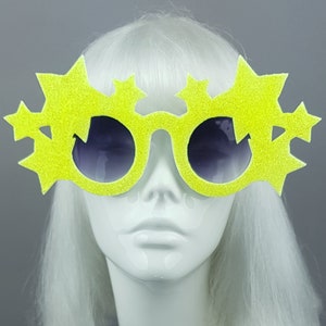 Neon Yellow Glitter Star Sunglasses, Glam Rock, 60&#39;s 70&#39;s Eyewear, Customised Sunnies, Festival Style, Statement Fashion, Burning Man, Disco