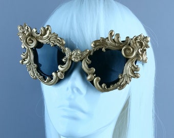 Gold Filigree Ornate  Sunglasses, Catseye OTT, Baroque, Rococo, Gothic Lolita, Goth Bride, Drag Queen, Statement, Glam, Fabulous, Burlesque