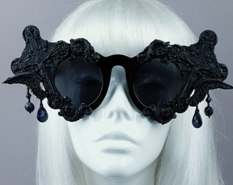 Black Crosses Filigree Beading Sunglasses, Angel Wings, cherub Baroque, Statement, Rococo, Drag Queen, Goth, Gothic, Fashion, Accessories,